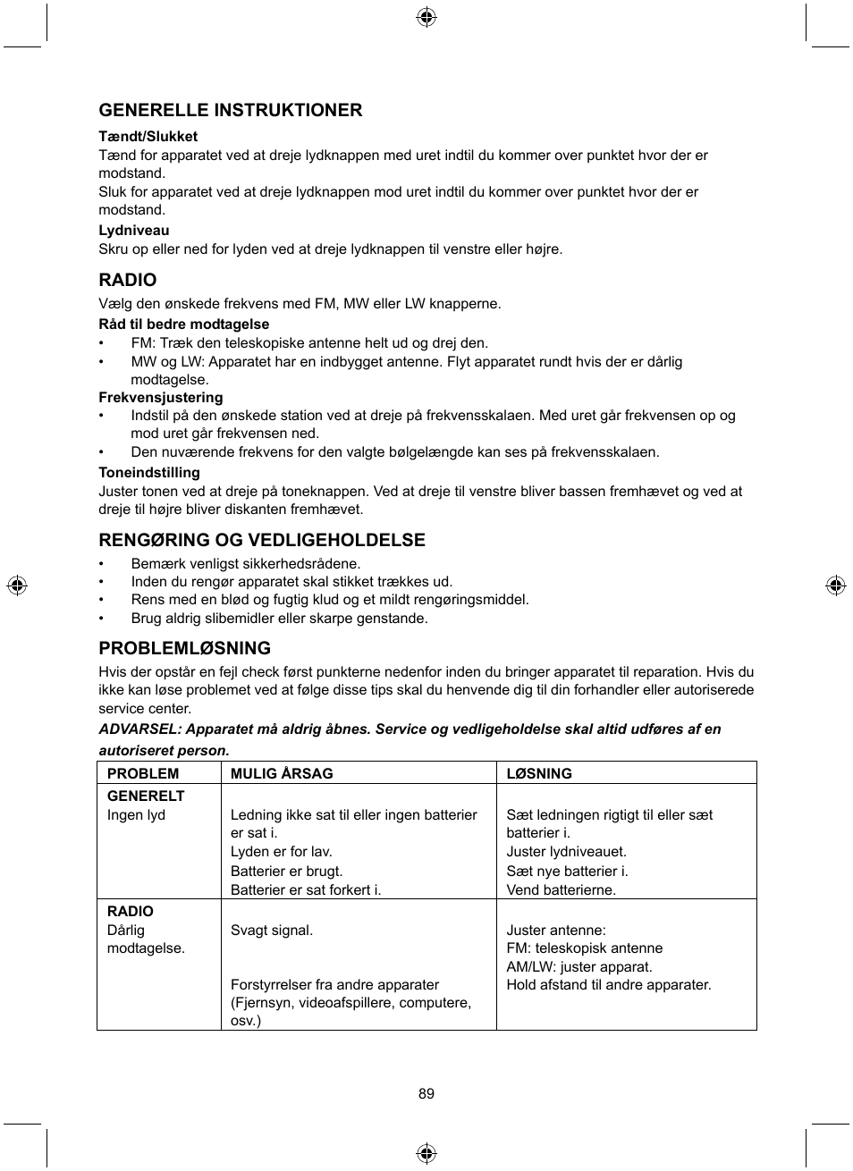 Generelle instruktioner, Radio, Rengøring og vedligeholdelse | Problemløsning | Konig Electronic Retro design AM/FM radio ivory User Manual | Page 89 / 116