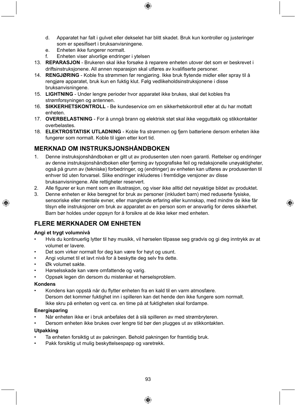 Merknad om instruksjonshåndboken, Flere merknader om enheten | Konig Electronic Retro design AM/FM radio ivory User Manual | Page 93 / 116