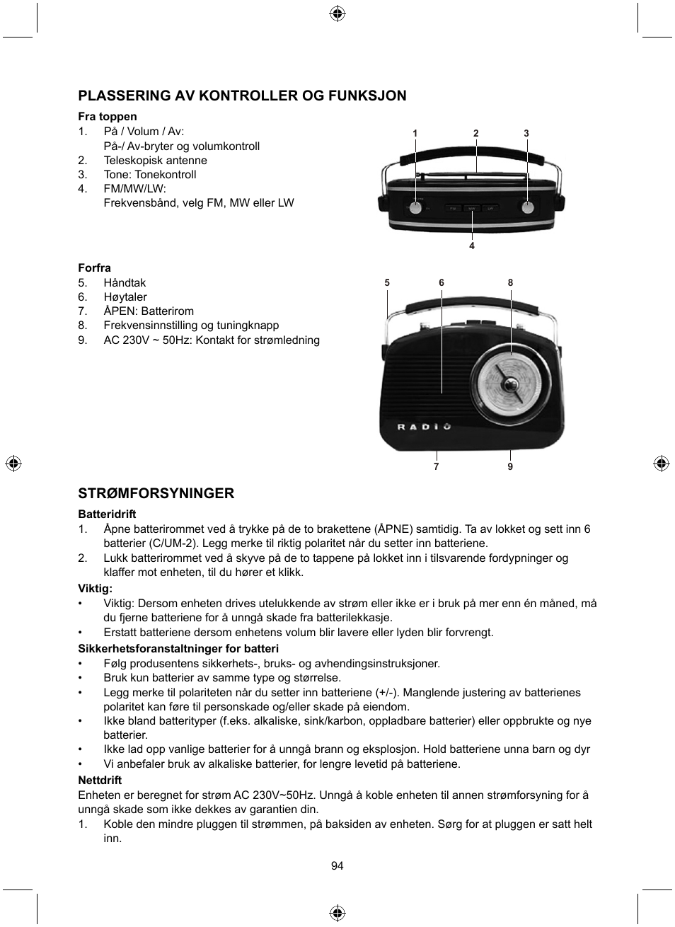 Plassering av kontroller og funksjon, Strømforsyninger | Konig Electronic Retro design AM/FM radio ivory User Manual | Page 94 / 116