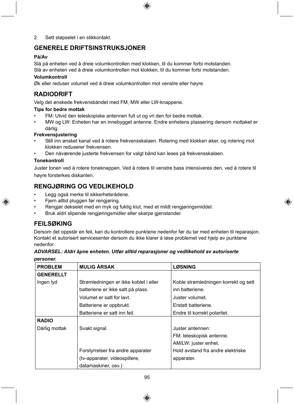 Generele driftsinstruksjoner, Radiodrift, Rengjøring og vedlikehold | Feilsøking | Konig Electronic Retro design AM/FM radio ivory User Manual | Page 95 / 116