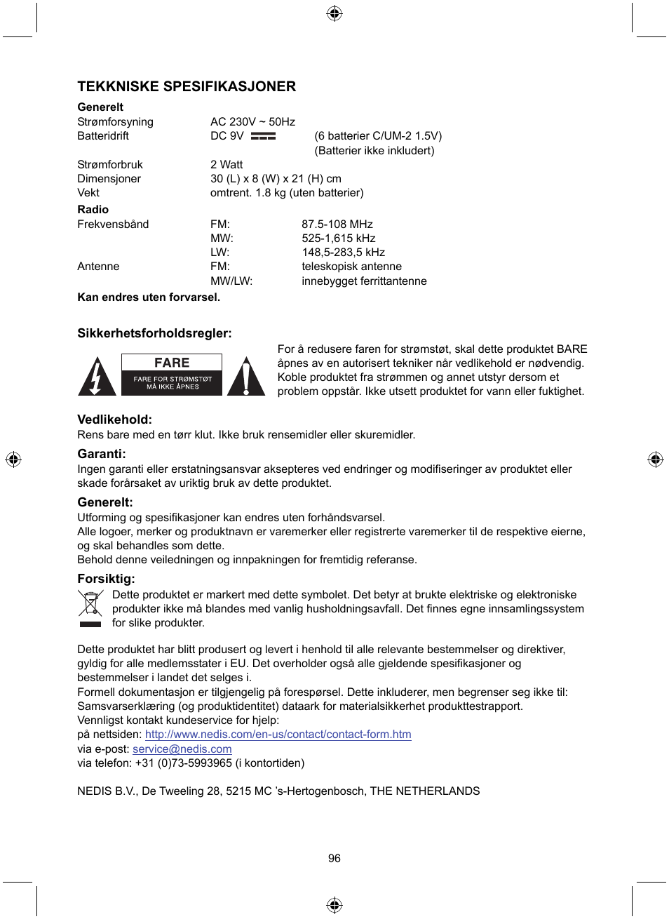 Tekkniske spesifikasjoner | Konig Electronic Retro design AM/FM radio ivory User Manual | Page 96 / 116