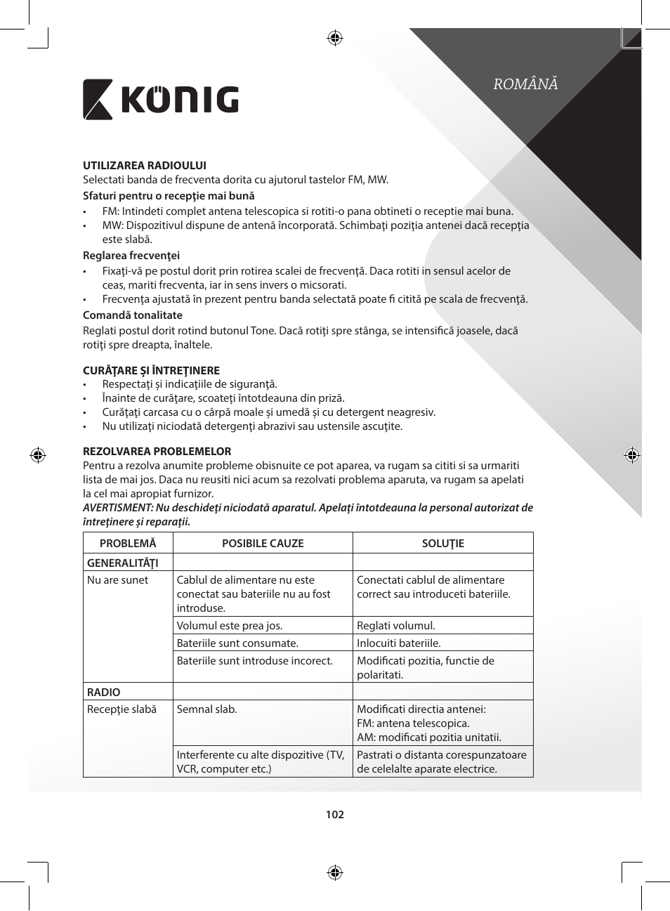 Română | Konig Electronic Retro design AM/FM radio ivory User Manual | Page 102 / 154