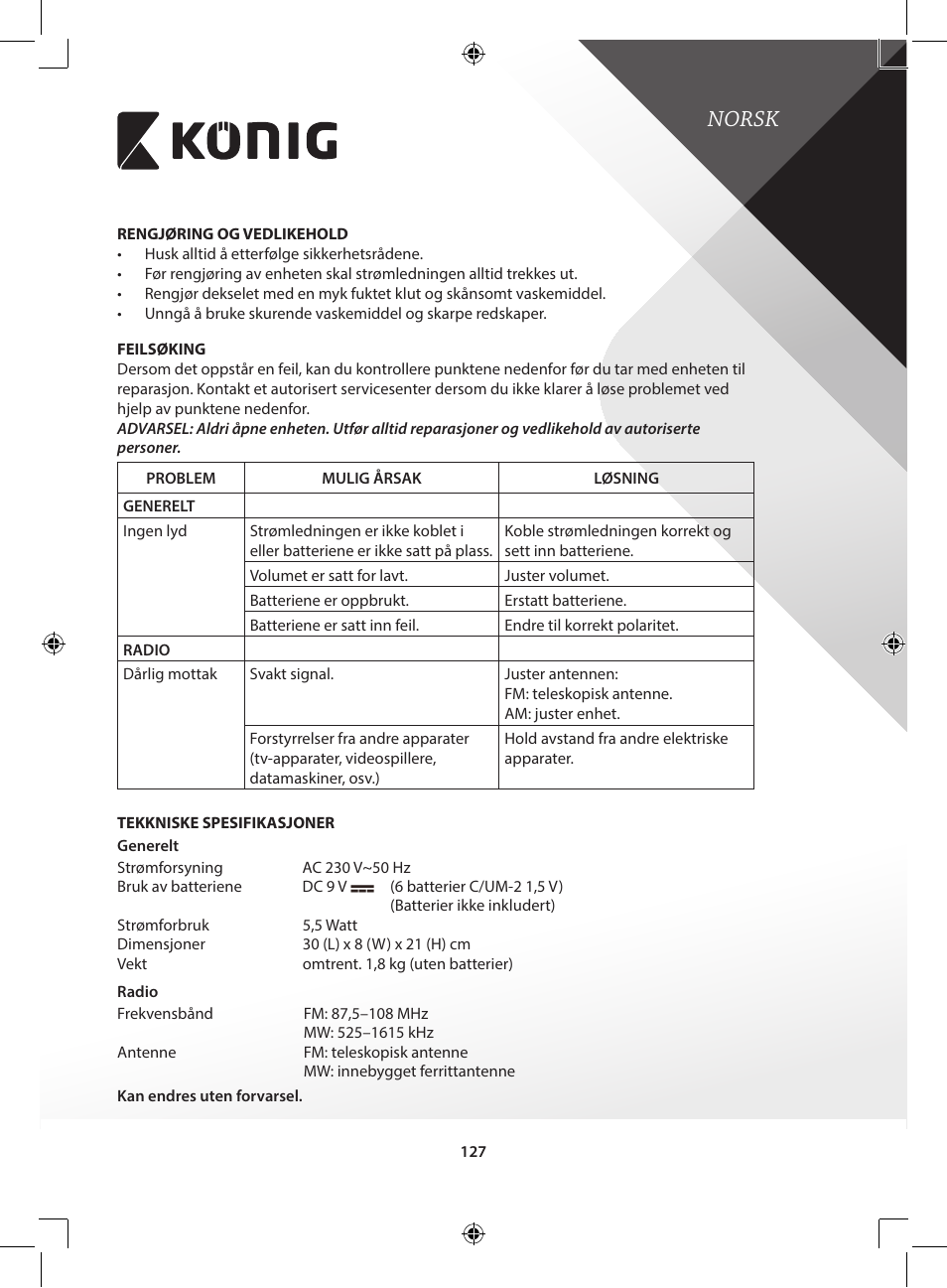 Norsk | Konig Electronic Retro design AM/FM radio ivory User Manual | Page 127 / 154