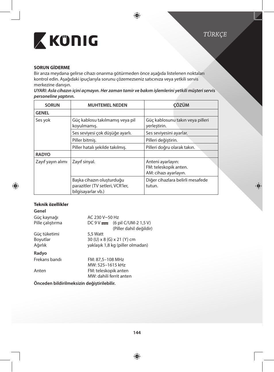 Türkçe | Konig Electronic Retro design AM/FM radio ivory User Manual | Page 144 / 154