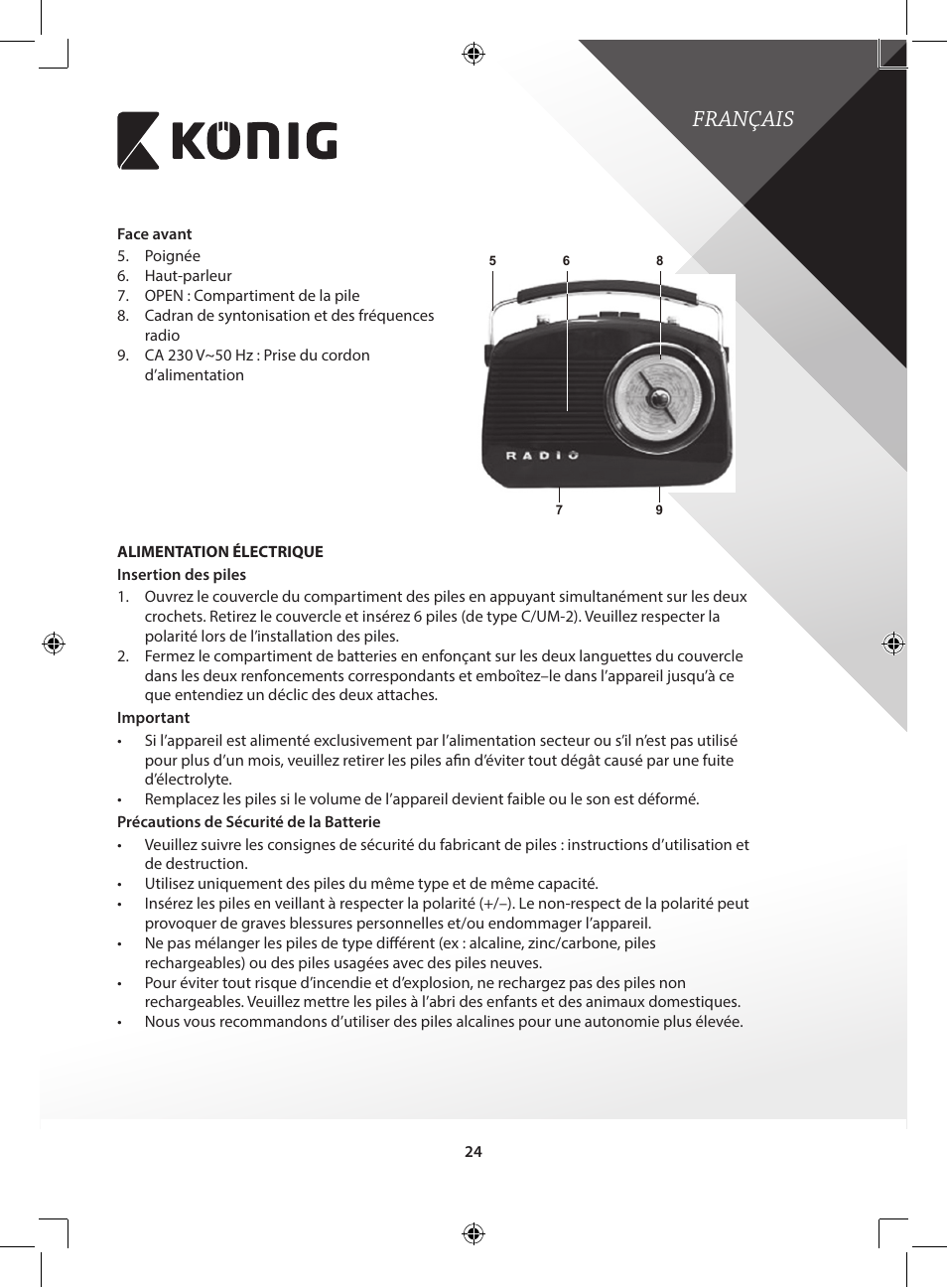 Français | Konig Electronic Retro design AM/FM radio ivory User Manual | Page 24 / 154