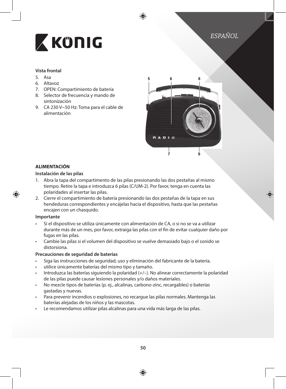 Español | Konig Electronic Retro design AM/FM radio ivory User Manual | Page 50 / 154