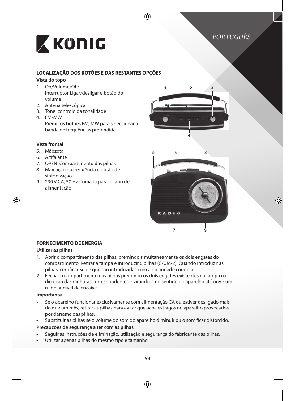 Português | Konig Electronic Retro design AM/FM radio ivory User Manual | Page 59 / 154