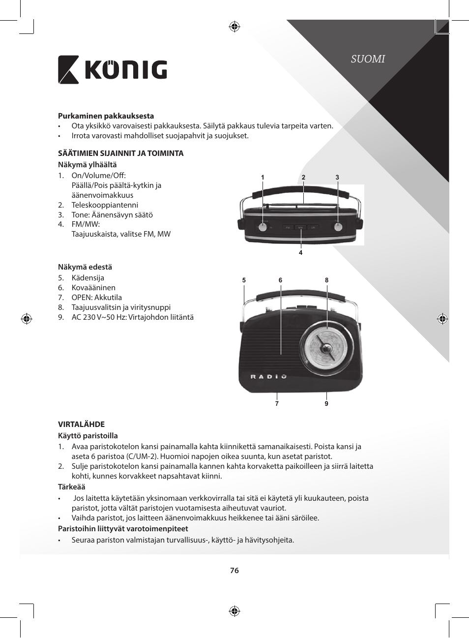 Suomi | Konig Electronic Retro design AM/FM radio ivory User Manual | Page 76 / 154