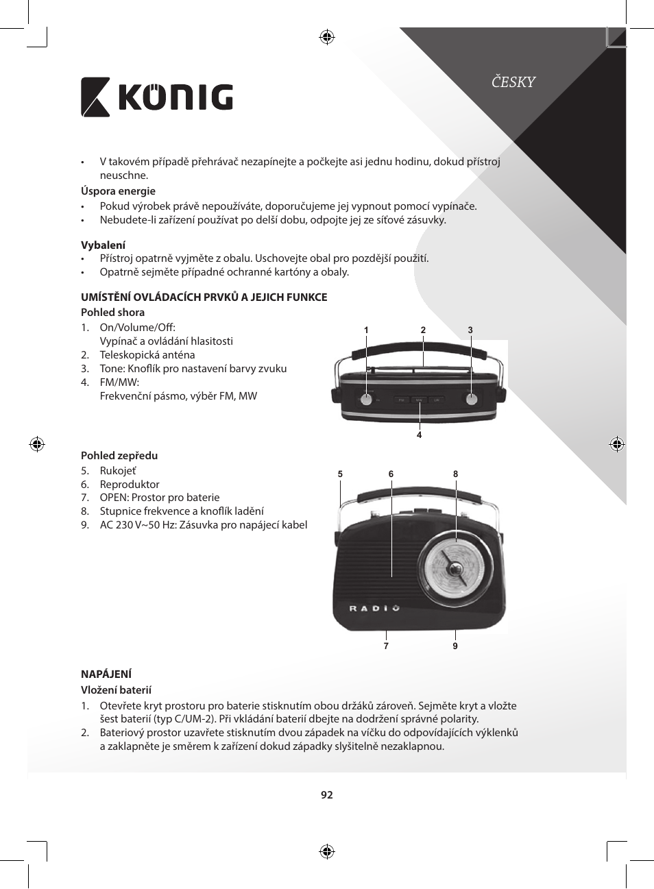 Česky | Konig Electronic Retro design AM/FM radio ivory User Manual | Page 92 / 154