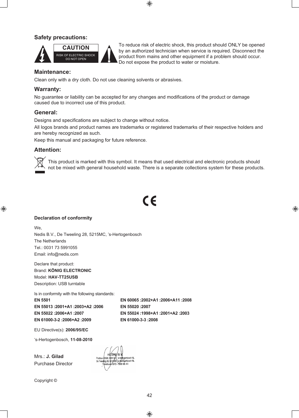 Safety precautions, Maintenance, Warranty | General, Attention, Caution | Konig Electronic USB turntable with speakers User Manual | Page 42 / 42