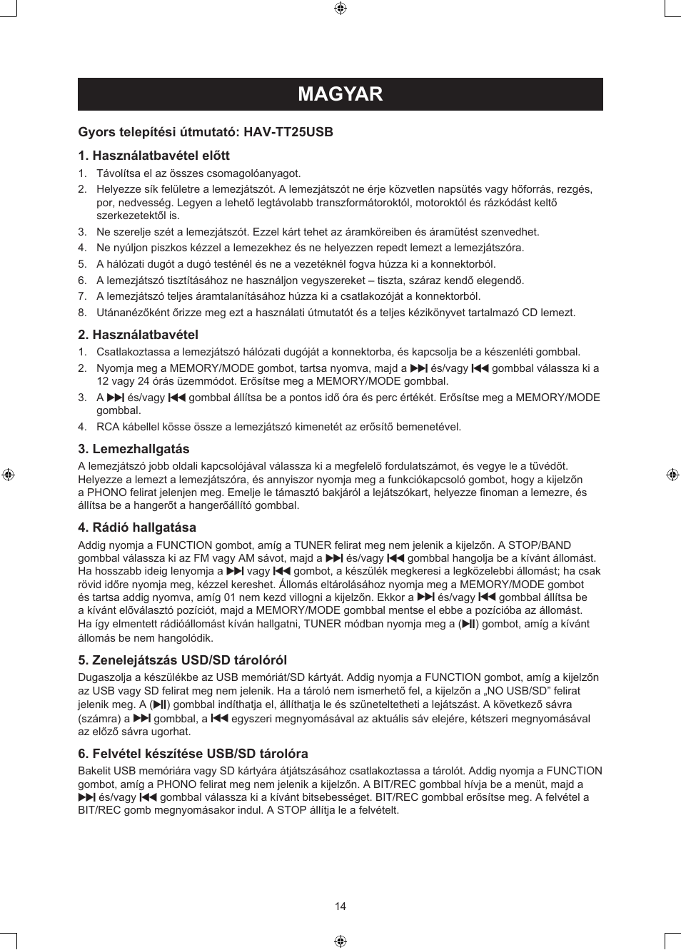 Magyar, Használati útmutató (o. 14.), Usb lemezjátszó | Konig Electronic USB turntable with speakers User Manual | Page 14 / 30