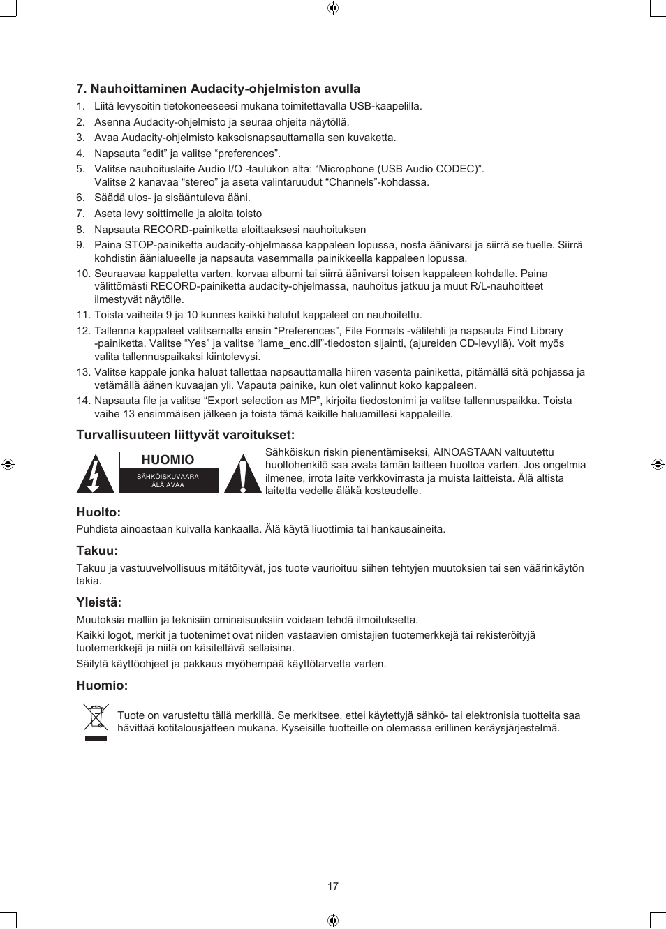 Konig Electronic USB turntable with speakers User Manual | Page 17 / 30