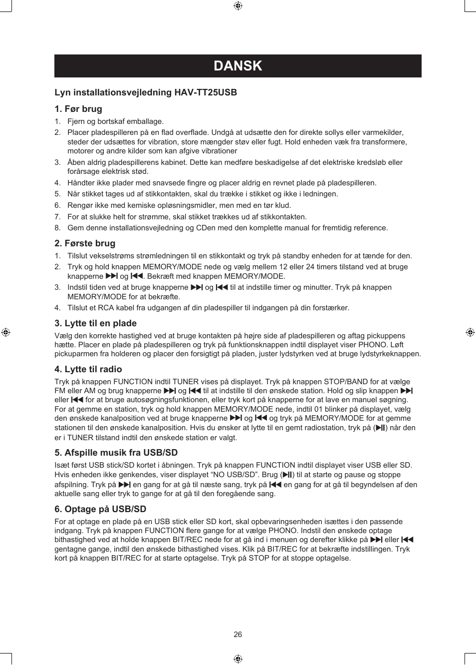 Dansk, Brugervejledning (p. 26), Usb drejeskive | Konig Electronic USB turntable with speakers User Manual | Page 26 / 30