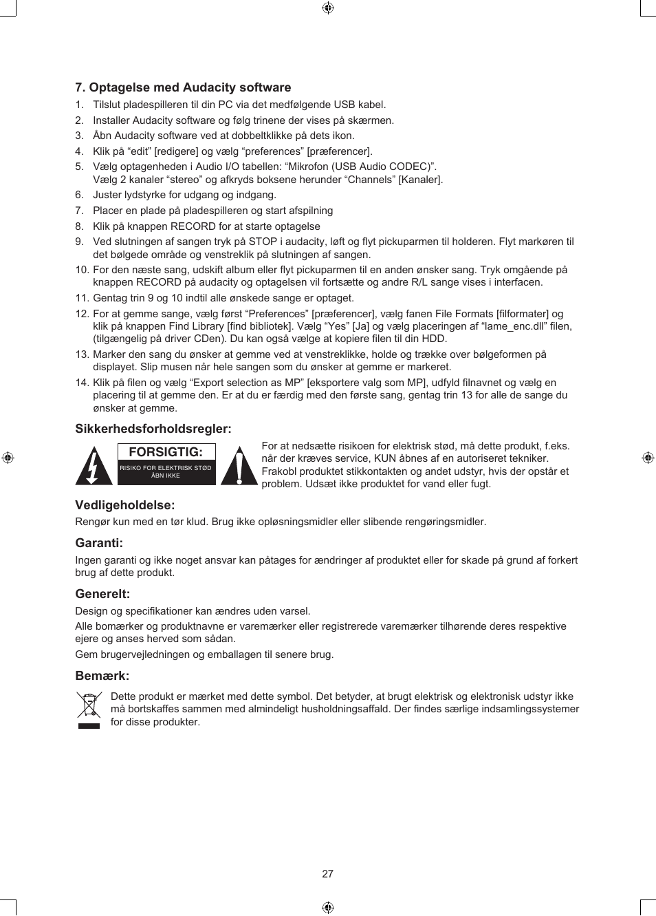 Konig Electronic USB turntable with speakers User Manual | Page 27 / 30