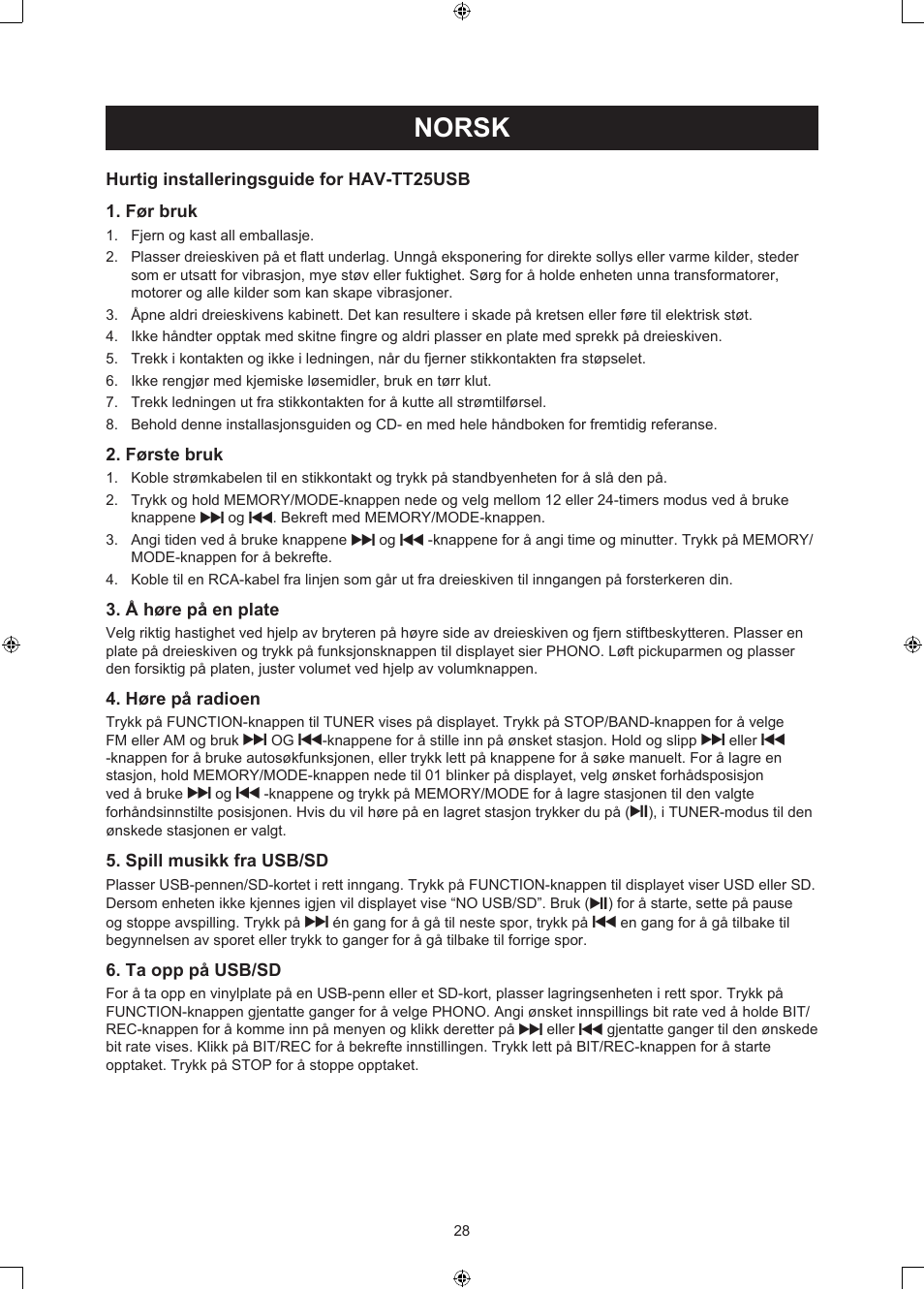 Norsk, Veiledning (p. 28), Usb platespiller | Konig Electronic USB turntable with speakers User Manual | Page 28 / 30