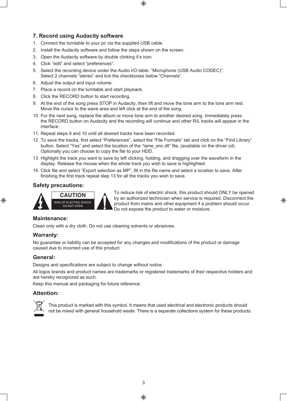 Konig Electronic USB turntable with speakers User Manual | Page 3 / 30