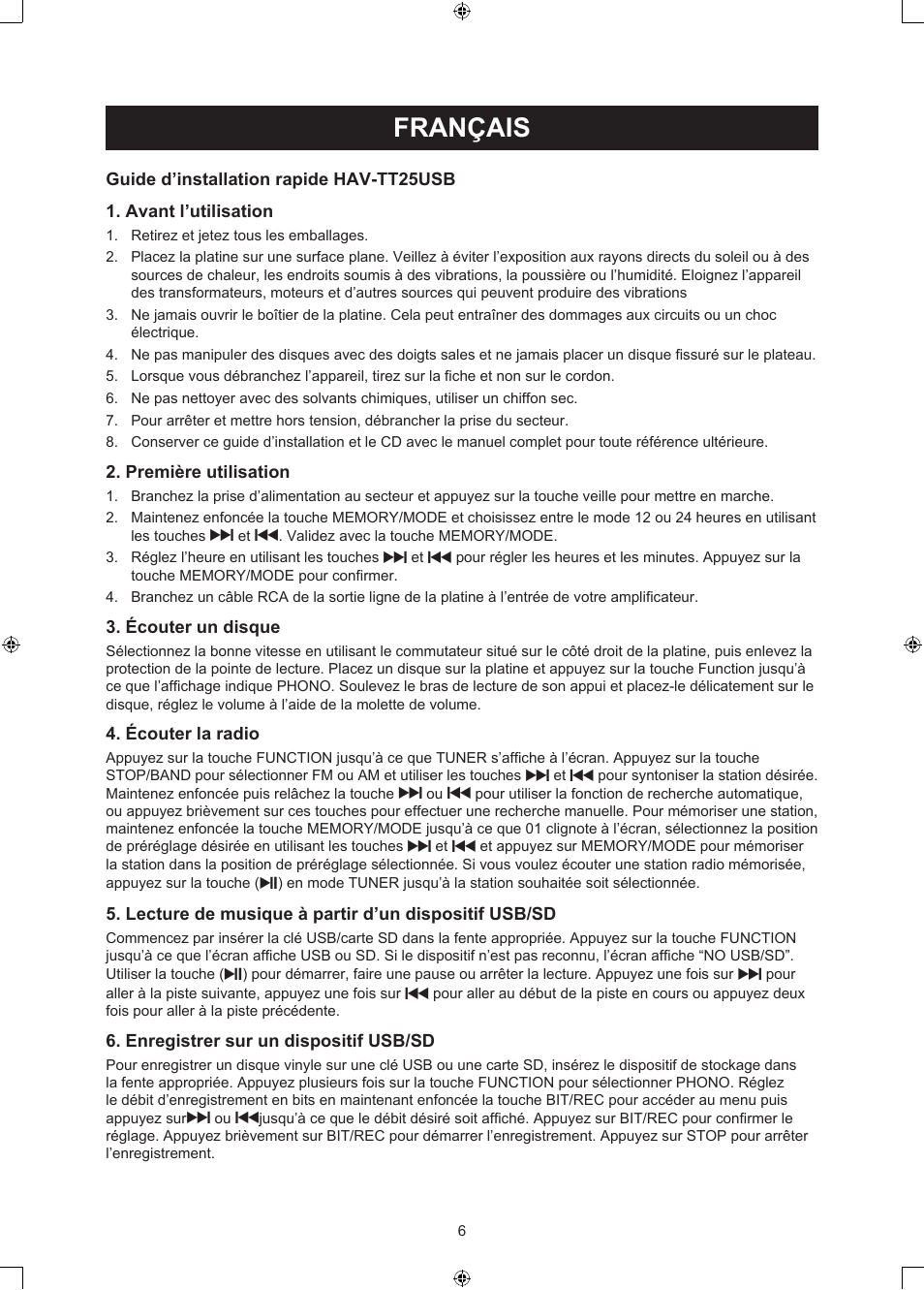 Français, Mode d’emploi (p. 6), Tourne-disque usb | Konig Electronic USB turntable with speakers User Manual | Page 6 / 30