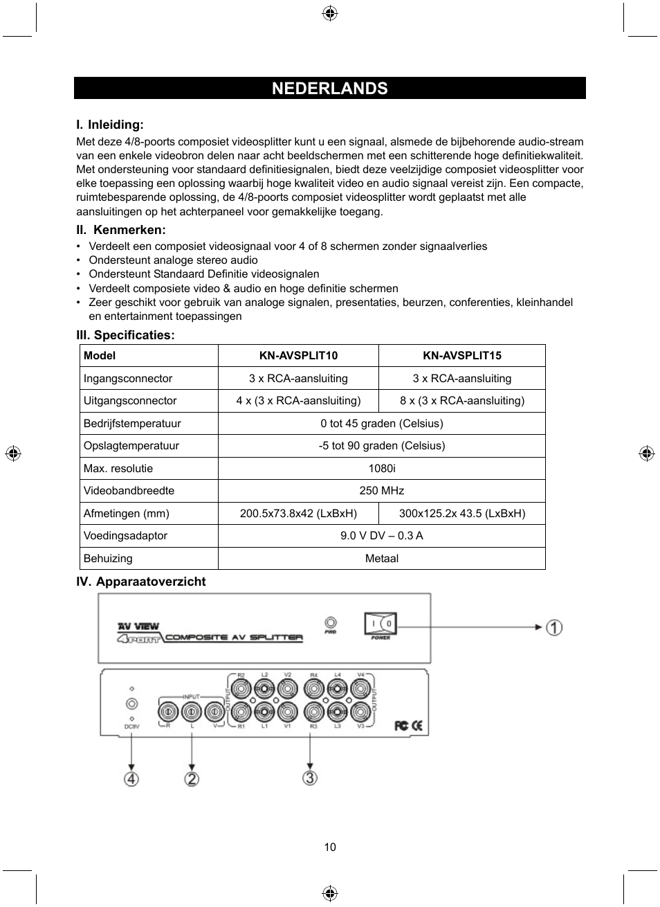 Nederlands | Konig Electronic 8 port composite audio/video splitter User Manual | Page 10 / 40