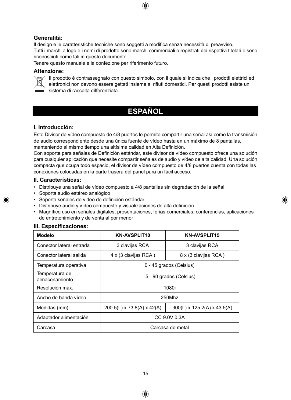Español | Konig Electronic 8 port composite audio/video splitter User Manual | Page 15 / 40