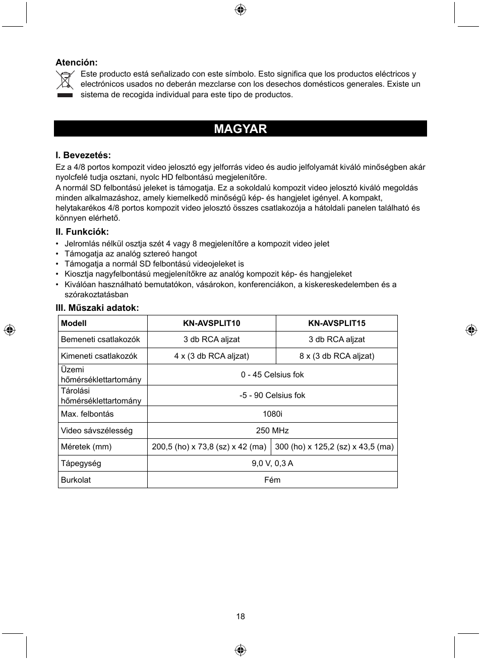 Magyar | Konig Electronic 8 port composite audio/video splitter User Manual | Page 18 / 40