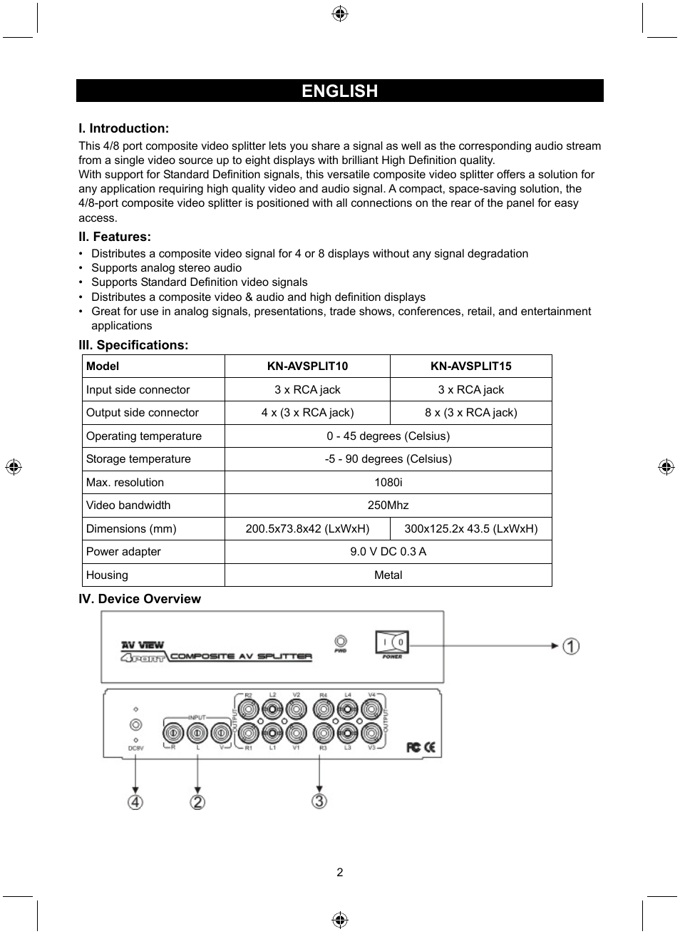 English | Konig Electronic 8 port composite audio/video splitter User Manual | Page 2 / 40