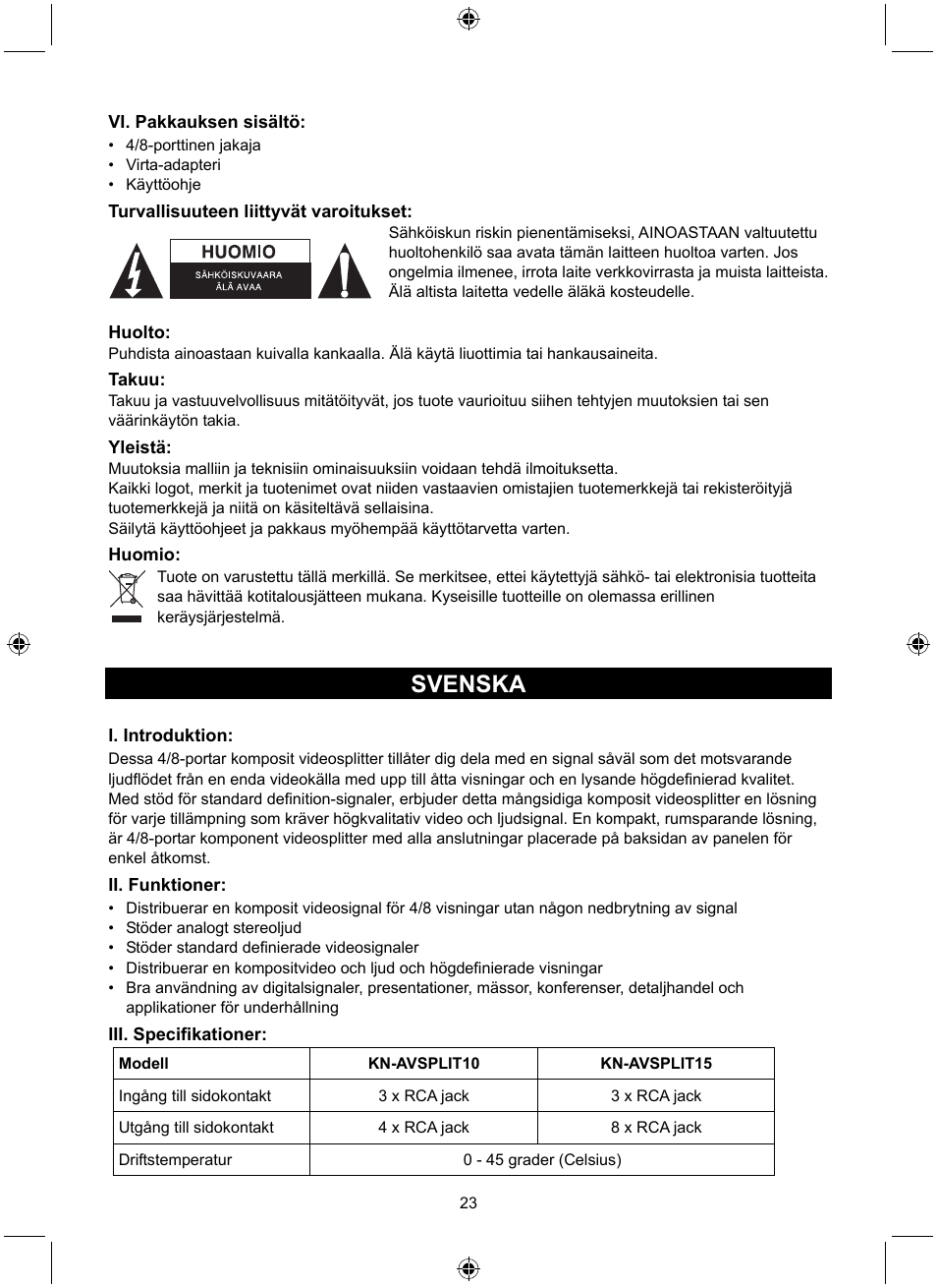 Svenska | Konig Electronic 8 port composite audio/video splitter User Manual | Page 23 / 40