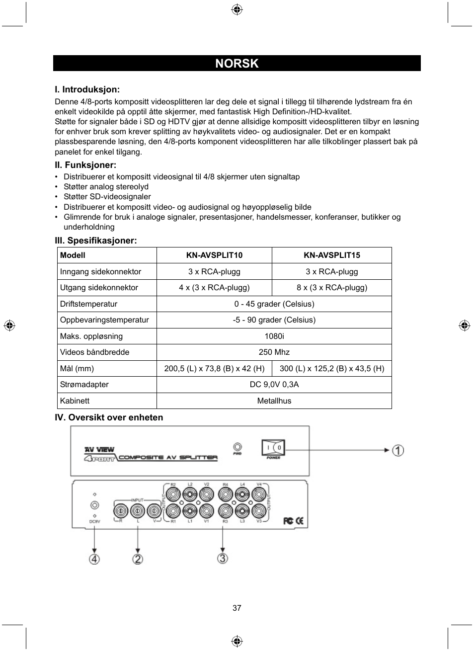 Norsk | Konig Electronic 8 port composite audio/video splitter User Manual | Page 37 / 40