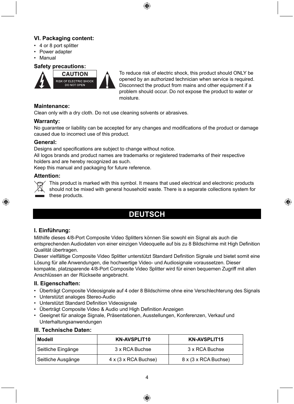 Deutsch | Konig Electronic 8 port composite audio/video splitter User Manual | Page 4 / 40