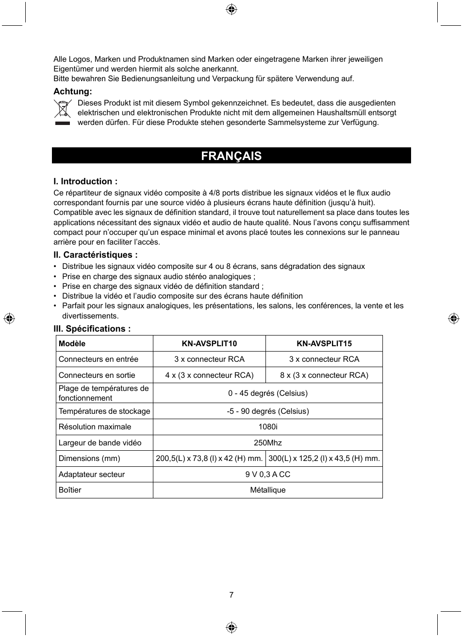 Français | Konig Electronic 8 port composite audio/video splitter User Manual | Page 7 / 40