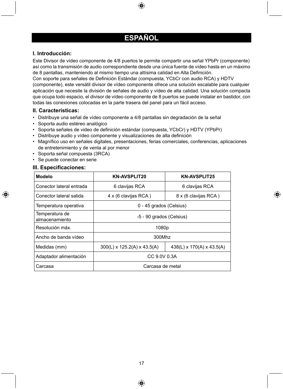 Español | Konig Electronic 4 port component audio/video splitter User Manual | Page 17 / 44