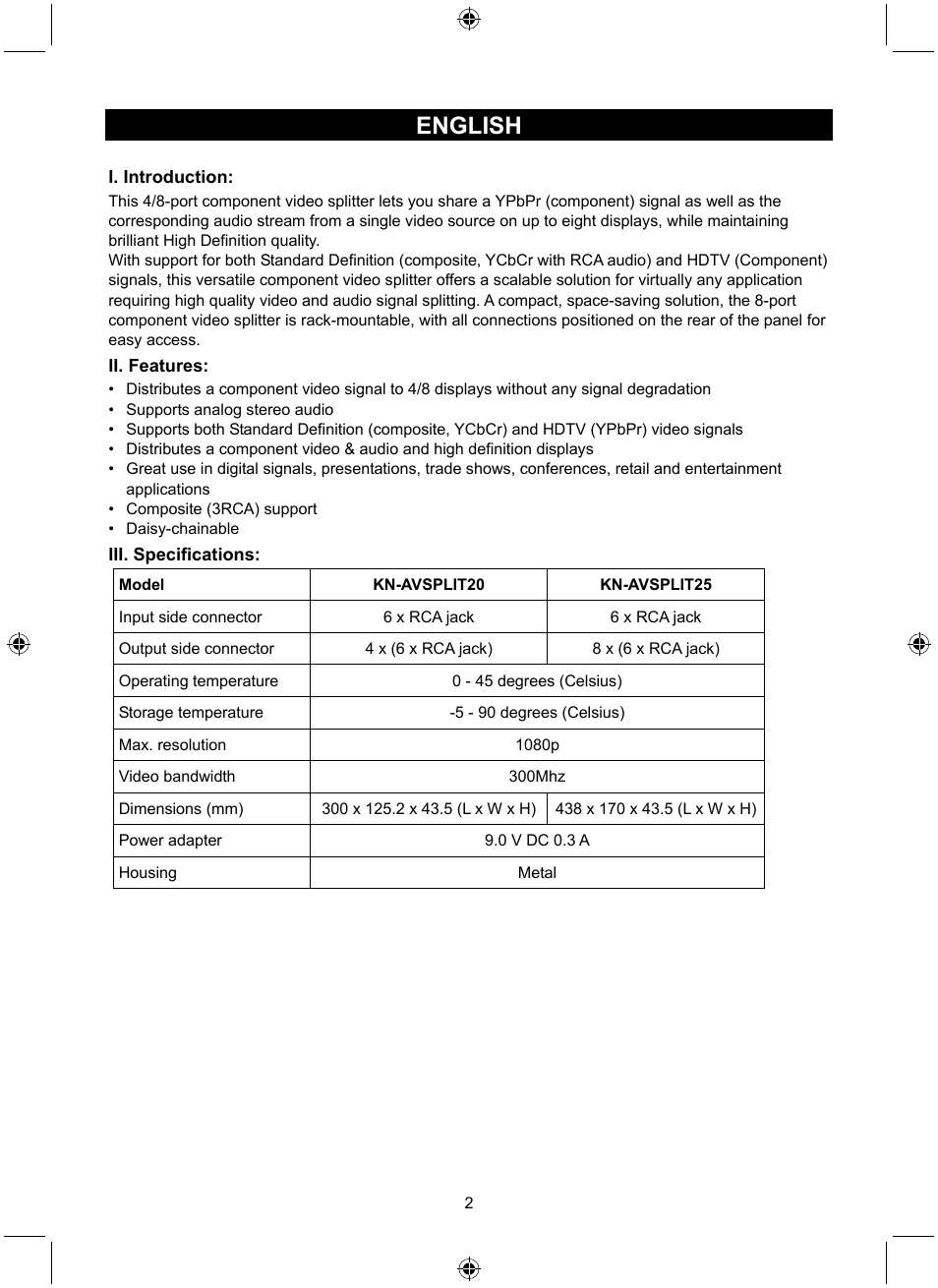 English | Konig Electronic 4 port component audio/video splitter User Manual | Page 2 / 44