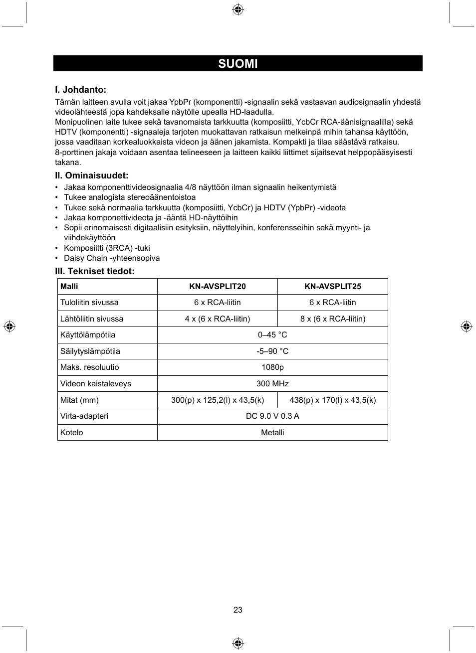 Suomi | Konig Electronic 4 port component audio/video splitter User Manual | Page 23 / 44