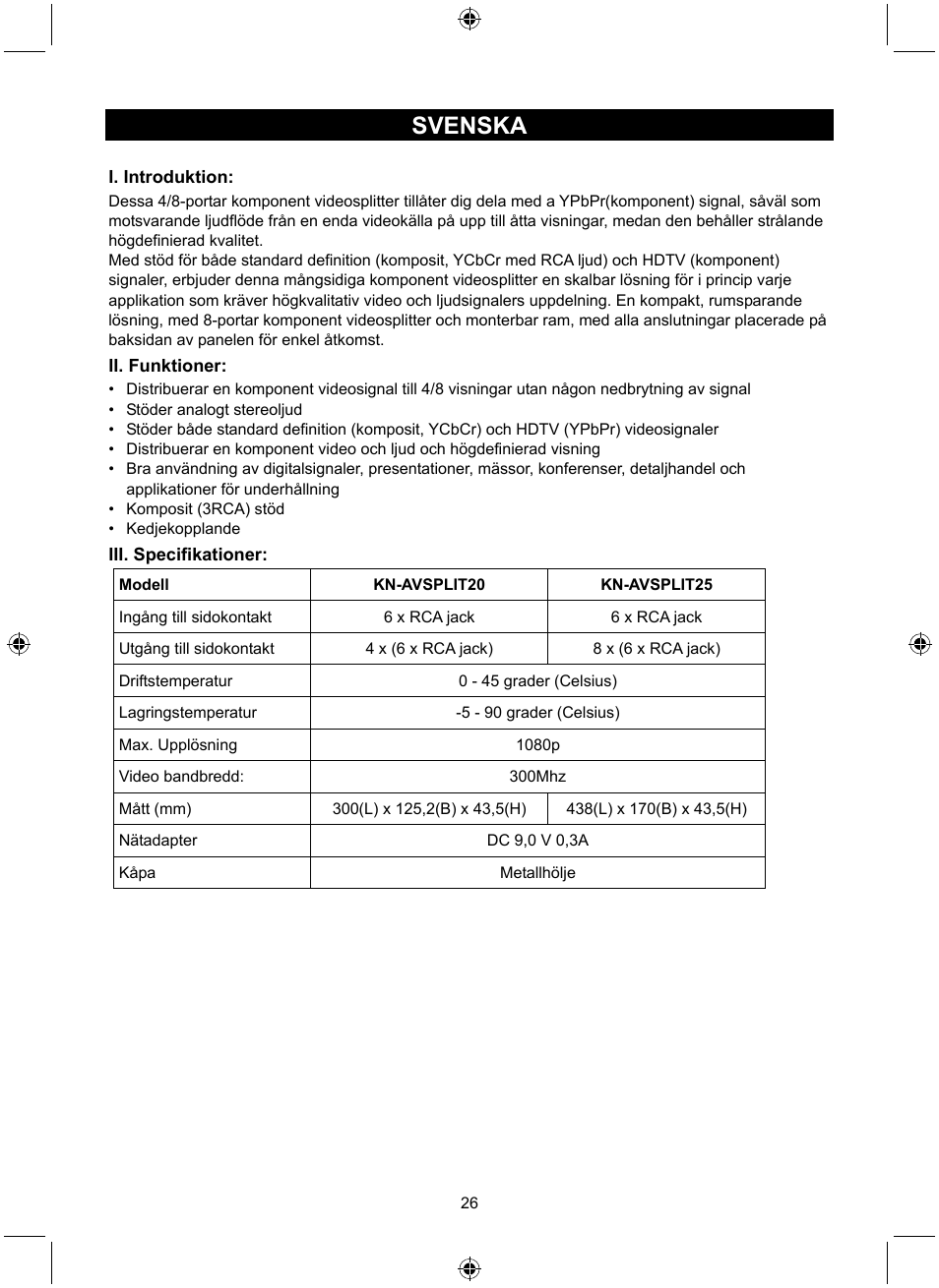 Svenska | Konig Electronic 4 port component audio/video splitter User Manual | Page 26 / 44