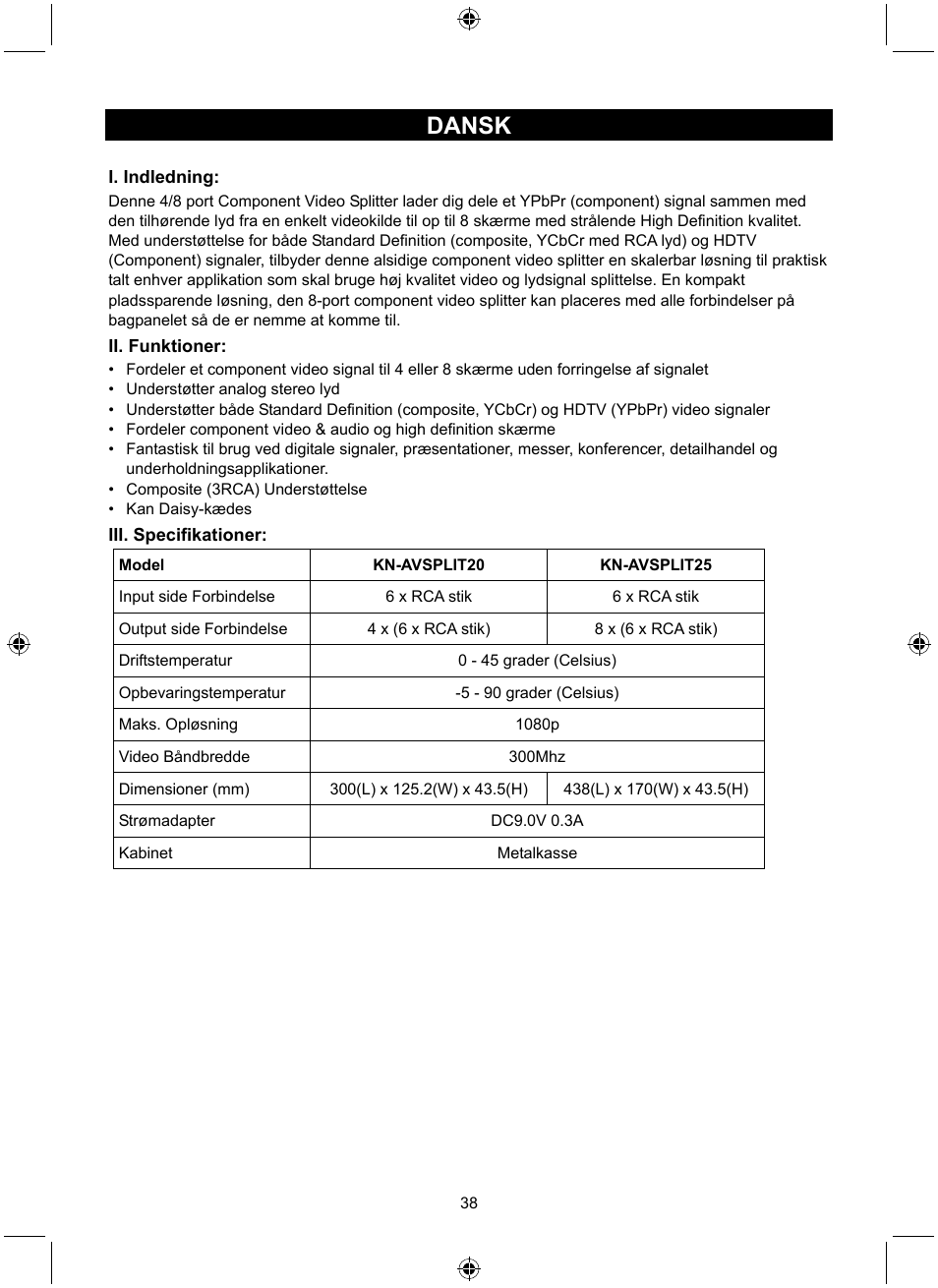 Dansk | Konig Electronic 4 port component audio/video splitter User Manual | Page 38 / 44