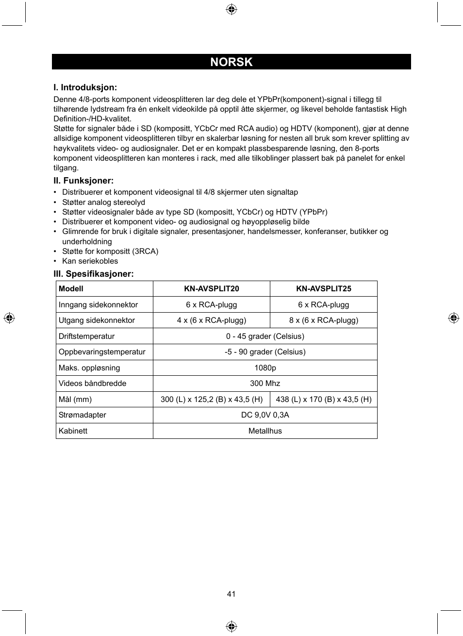 Norsk | Konig Electronic 4 port component audio/video splitter User Manual | Page 41 / 44