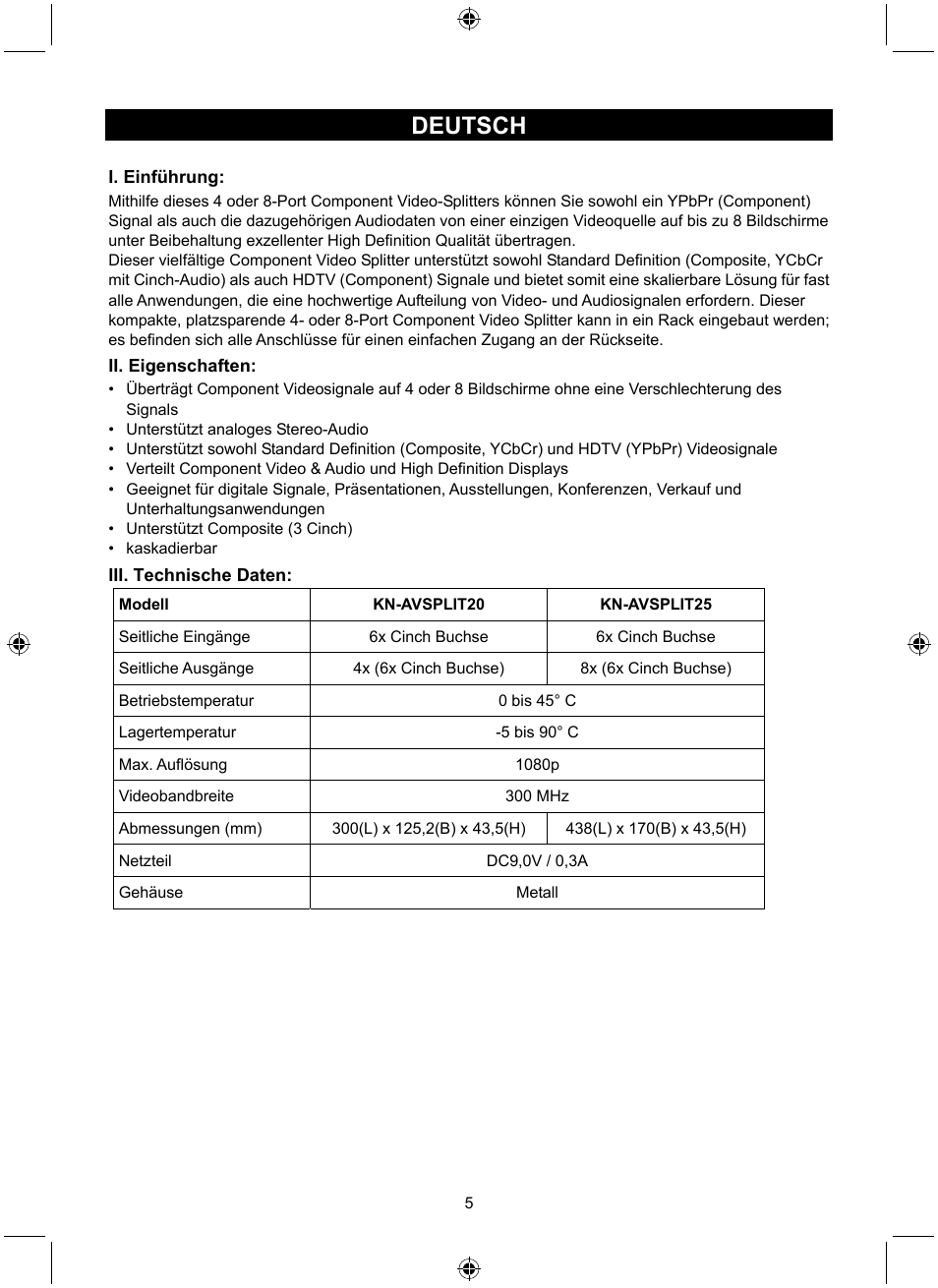 Deutsch | Konig Electronic 4 port component audio/video splitter User Manual | Page 5 / 44