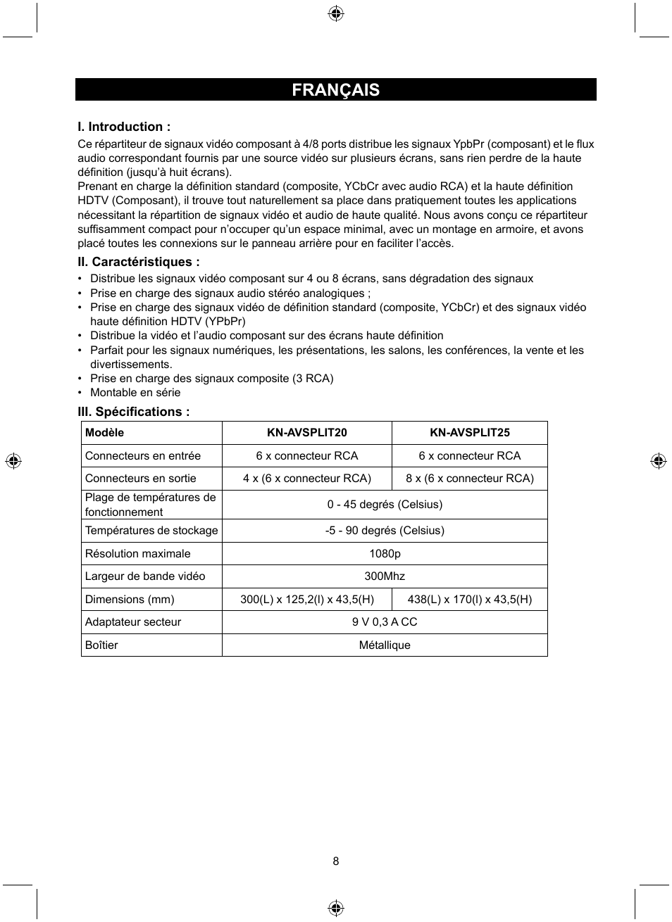 Français | Konig Electronic 4 port component audio/video splitter User Manual | Page 8 / 44