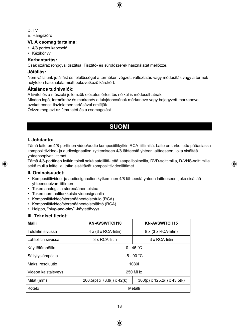 Suomi | Konig Electronic 8 port composite audio/video switch User Manual | Page 18 / 34