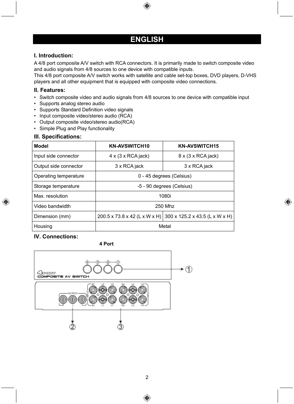 English | Konig Electronic 8 port composite audio/video switch User Manual | Page 2 / 34