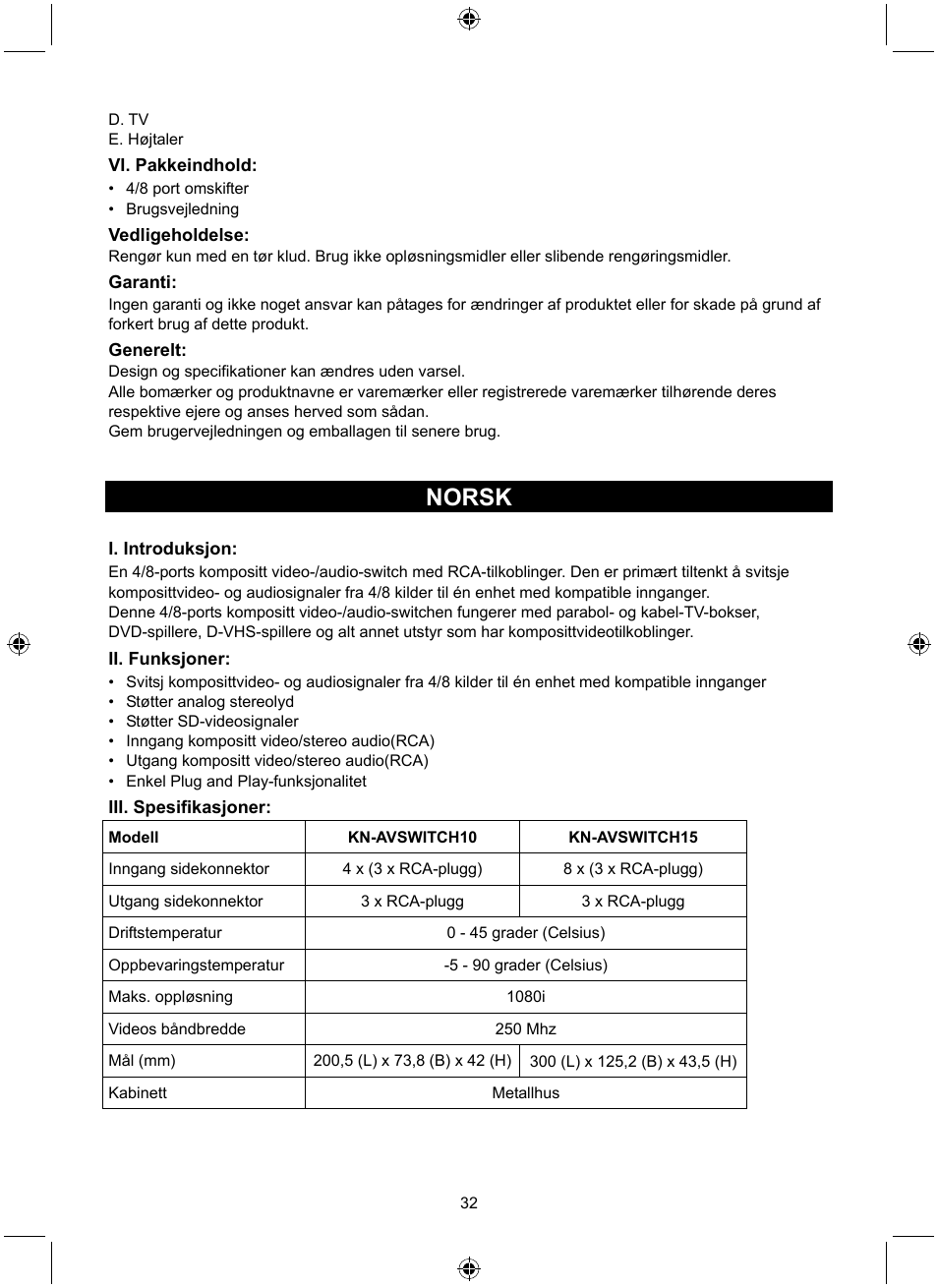 Norsk | Konig Electronic 8 port composite audio/video switch User Manual | Page 32 / 34