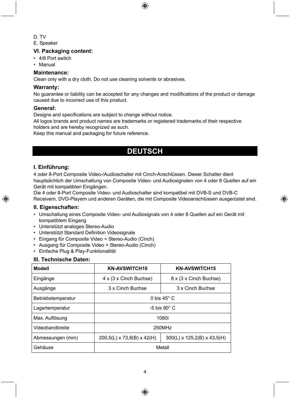 Deutsch | Konig Electronic 8 port composite audio/video switch User Manual | Page 4 / 34