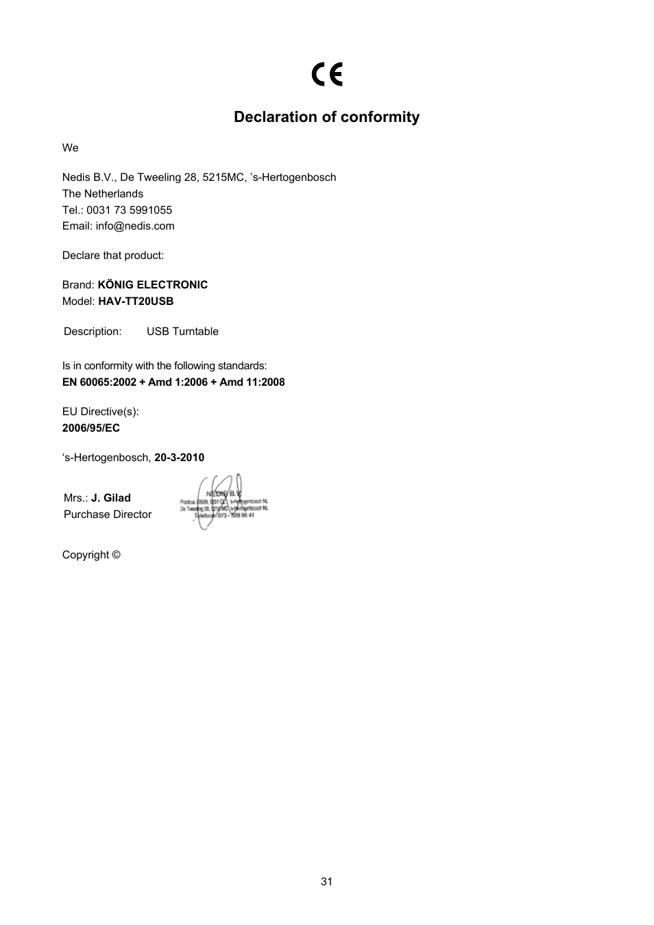 Declaration of conformity | Konig Electronic USB turntable User Manual | Page 31 / 31