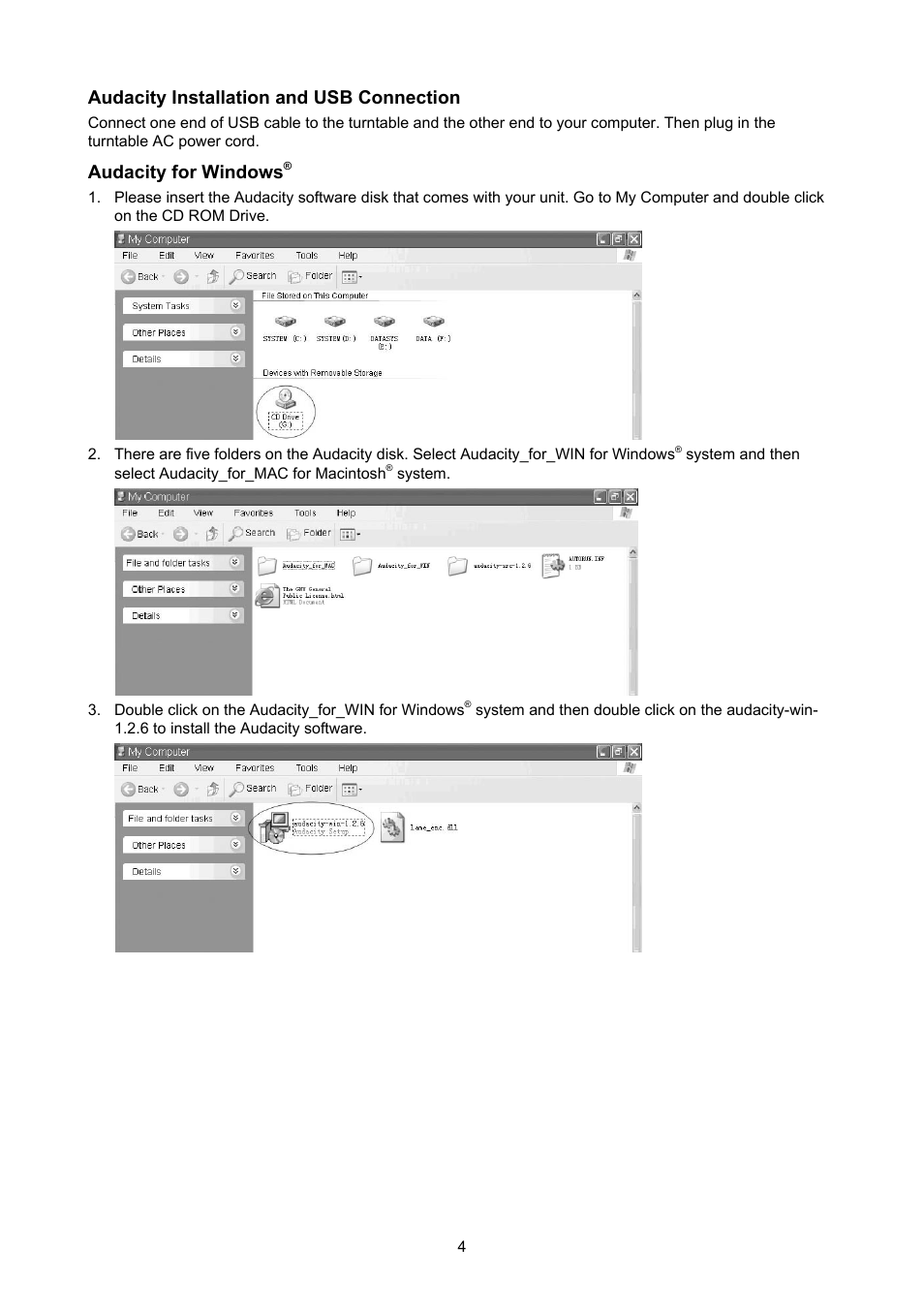 Audacity installation and usb connection, Audacity for windows | Konig Electronic USB turntable User Manual | Page 4 / 31