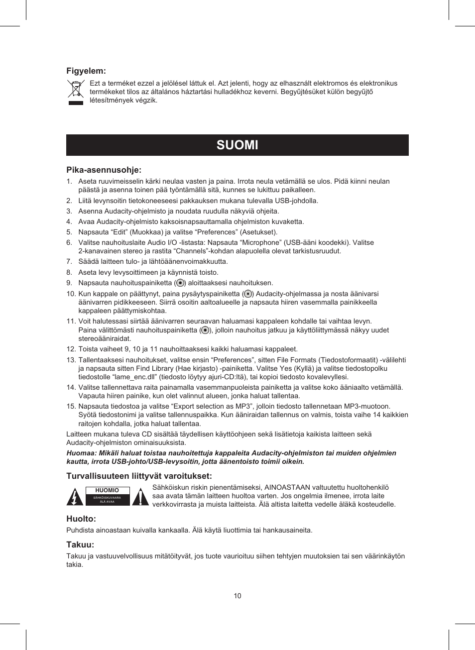 Suomi, Käyttöohje (s. 10), Usb-levysoitin | Konig Electronic USB turntable User Manual | Page 10 / 19