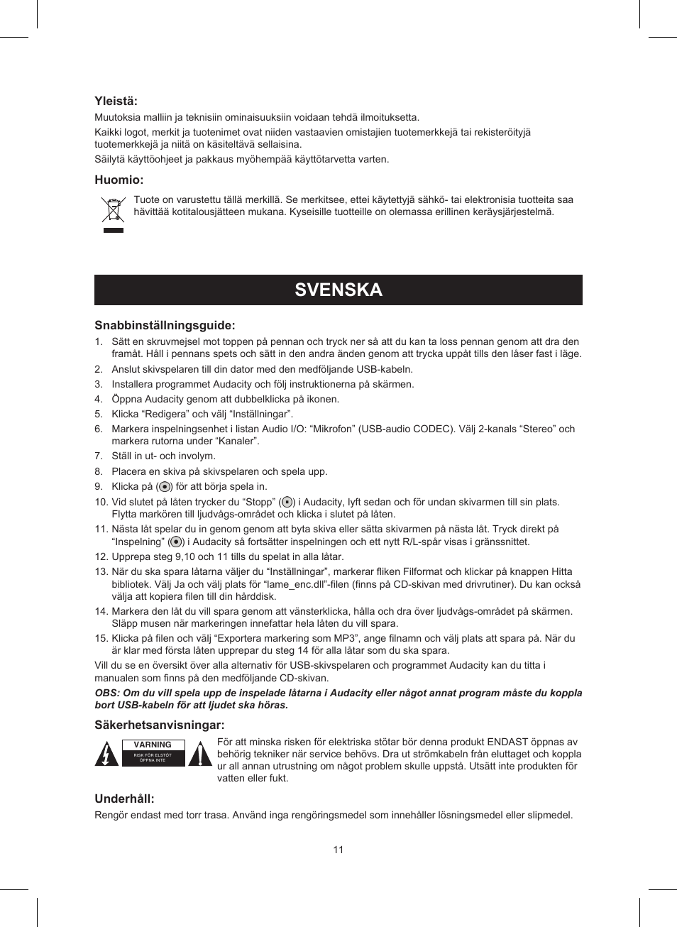 Svenska, Bruksanvisning (s. 11), Usb-skivspelare | Konig Electronic USB turntable User Manual | Page 11 / 19