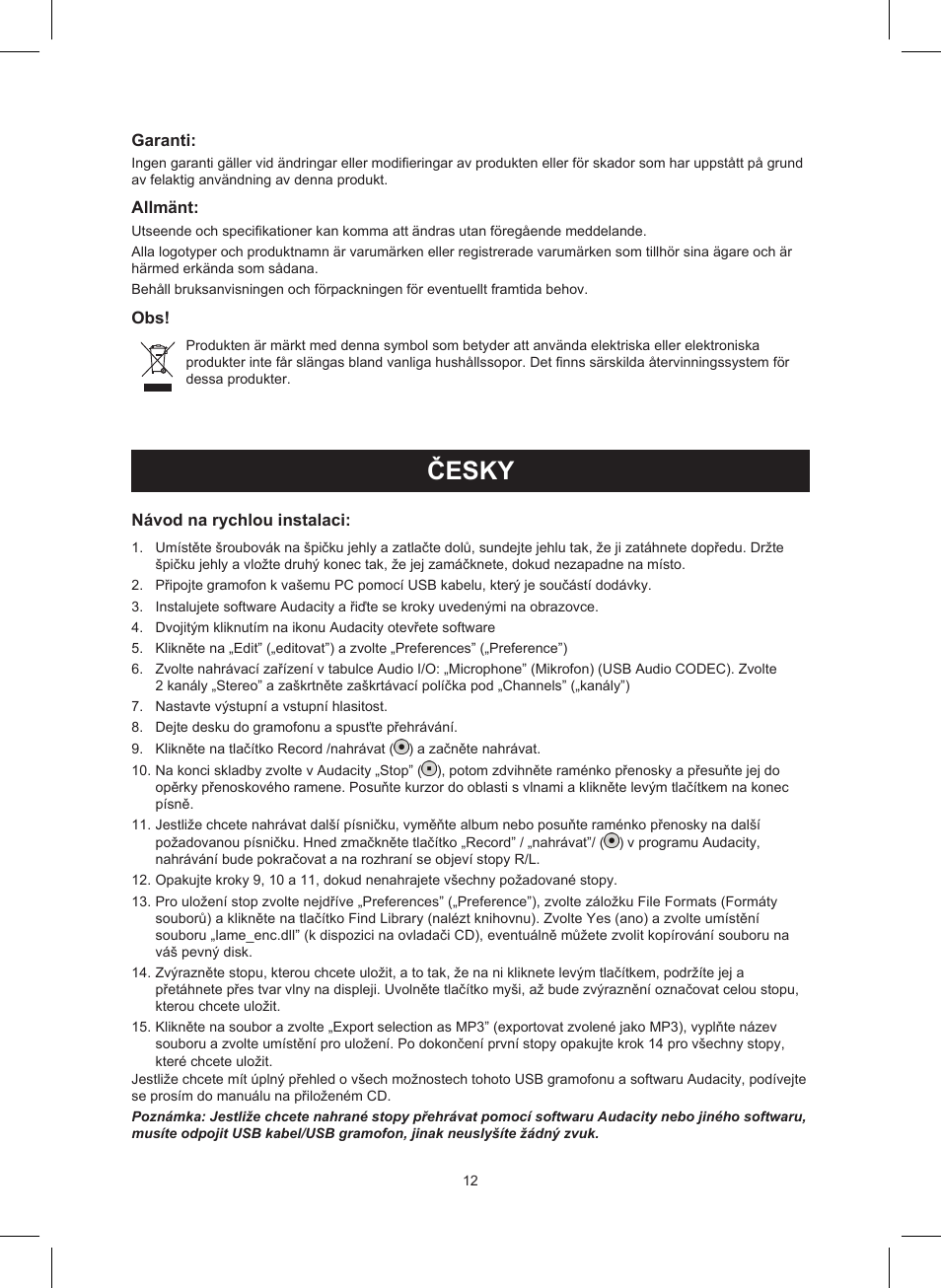 Česky, Návod k použití (s. 12), Usb gramofon | Konig Electronic USB turntable User Manual | Page 12 / 19