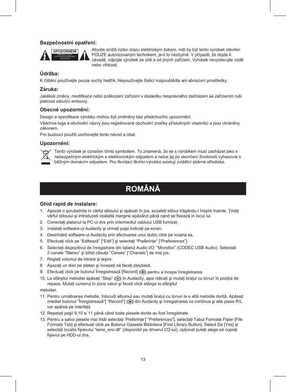 Română, Manual de utilizare (p. 13), Platan usb | Konig Electronic USB turntable User Manual | Page 13 / 19