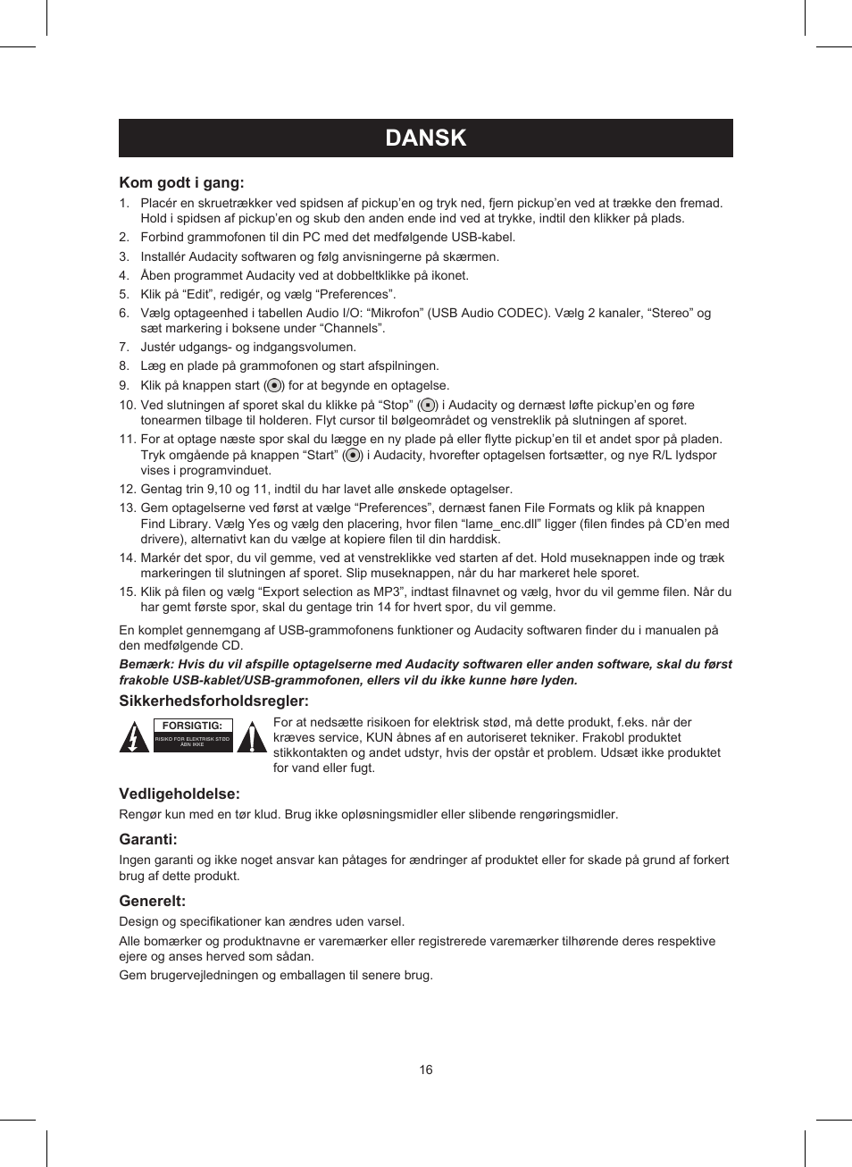 Dansk, Brugervejledning (p. 16), Usb drejeskive | Konig Electronic USB turntable User Manual | Page 16 / 19