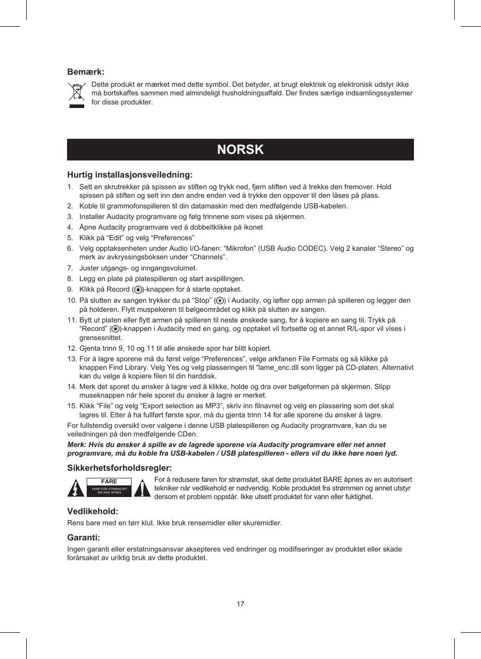 Norsk, Veiledning (p. 17), Usb platespiller | Konig Electronic USB turntable User Manual | Page 17 / 19