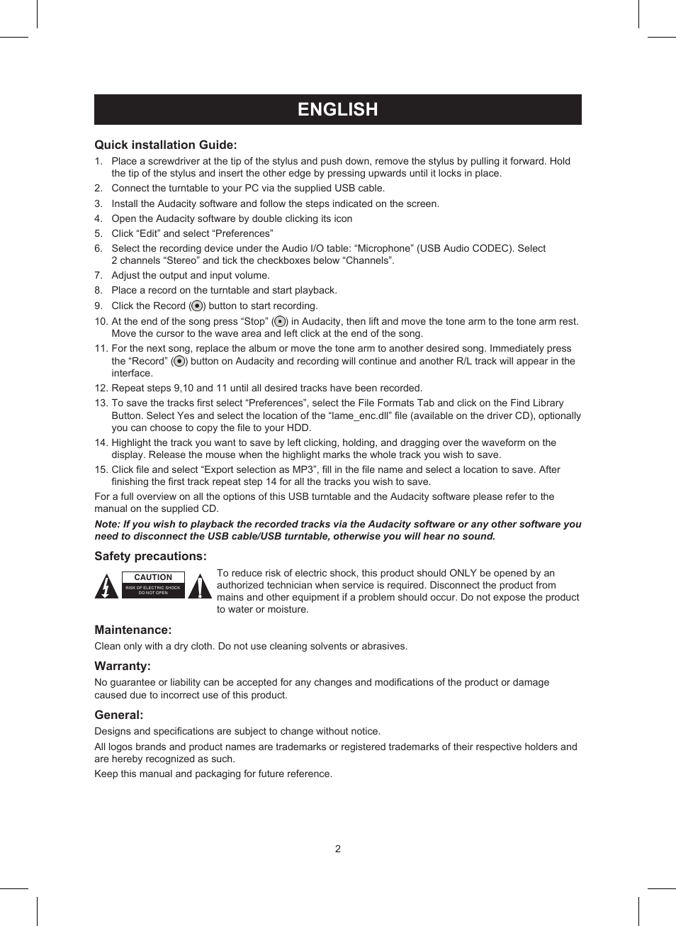 English, Manual (p. 2), Usb turntable | Konig Electronic USB turntable User Manual | Page 2 / 19